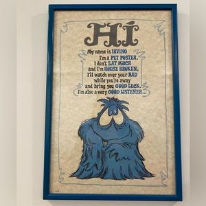 Vintage 1970s My Name is Irving Pet Poster in blue frame